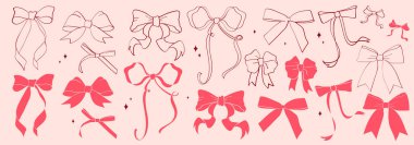 El yapımı kurdele fiyonkları, coquette estetiği. Tebrik kartları, parti, doğum günü, düğün davetiyeleri, posterler, afişler vs. için özet ve dekorasyon unsurlarının klasik koleksiyonu.