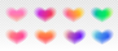 Bulanık kalp seti. Renkli dekorasyon kalp şekilleri şeffaf arkaplanda izole edilmiş. Romantik tasarımlar, düğün, Sevgililer Günü kartları, posterleri vs. için modern soyut tasarım unsurları.