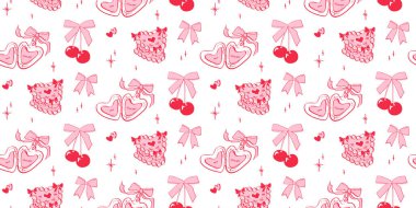 Coquette tarzında kusursuz el çizimi deseni. Pembe fiyonklarla bağlanmış kirazlar, küçük kalpler, yıldızlar, pasta, içinde 