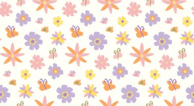 Kusursuz desenli, karalama tarzı çiçekler ve kelebekler. Boya kalemi dokusu, çocuk çizimleri. Tatlı arkaplan, bahar, yaz duvar kağıdı baskı, ambalaj, tekstil, mevsimlik tasarımlar için.