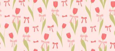 Elle çizilmiş laleler ve yaylarla kusursuz desen. Sanatsal pastel kalem desenli şirin renkli duvar kâğıdı. Bahar tasarımları için Coquette çiçekli arka plan, Anneler Günü süslemeleri, baskılar.