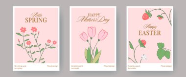 Çiçekli tebrik kartı şablonları. El çizimi çiçekler, laleler, çilekler ve modaya uygun tipografi olan klasik posterler. Boya kalemi dokusu. Bahar tasarımları için arka planlar, Paskalya, Anneler Günü.