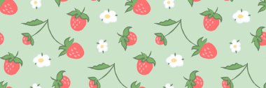Elle çizilmiş olgun böğürtlenler, yeşil yapraklar ve yumuşak yeşil arka planda beyaz çiçeklerle kusursuz çilek deseni. Boya kalemi dokusu. Bahar için şirin duvar kağıtları, yaz tasarımları, baskı, tekstil.