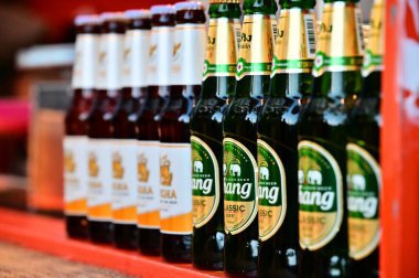 Tayvan - 28 Temmuz 2024: Tayland 'ın ikiz fil logosu ve ikonik yeşil şişeleriyle bilinen ve Tayland kültürünü ve popülaritesini sembolize eden Chang Birası.