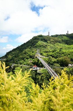 Tayvan - Temmuz 07, 2024: Açık bir yaz gününde, sallanan köprü ve panoramik manzaranın heyecanıyla Chiayi 'deki Taiping Askı Köprüsü' nün huzur ve nefes kesici manzarasının tadını çıkarın..