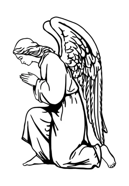 Kanatlı bir melek dua ediyor ve diz çöküyor. Siyah beyaz çizgili vektör çizimi silueti.