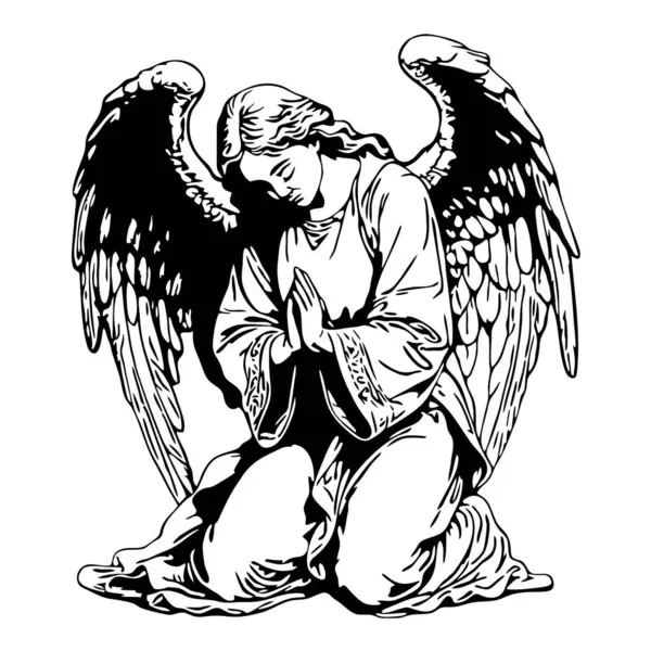 Diz çöküp dua eden siyah-beyaz ana hatlı vektör çizimi silueti