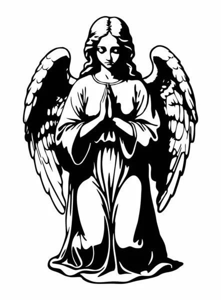 Diz çöküp dua eden siyah-beyaz ana hatlı vektör çizimi silueti