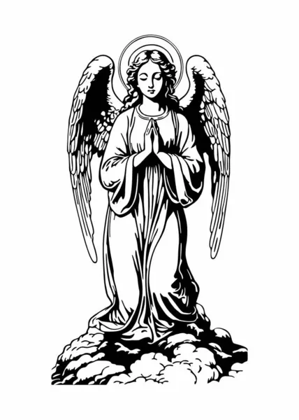 Bulutların üzerinde dua eden bir melek. Siyah ve beyaz çizgili vektör çizimi.