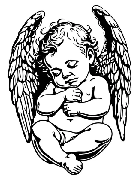 Uyuyan bebek melek siyah-beyaz vektör çizimi