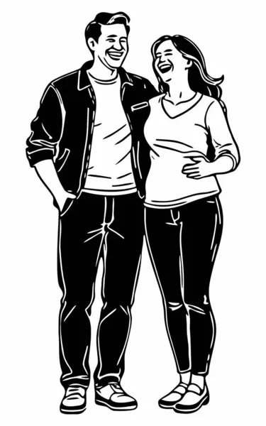 Mutlu çift sarılıyor ve gülümsüyor siyah-beyaz vektör çizimi
