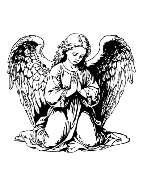 Diz çöküp dua eden melek siyah ve beyaz vektör resim çizimi