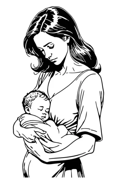 Anne kucağında uyuyan bir bebek ana hatlı siluet vektör görüntüsü tutuyor.