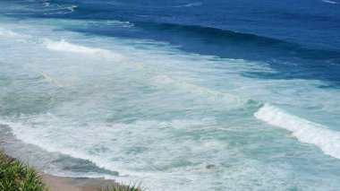 Küçük dalgalar, beyaz köpük ve yeşil bitkilerle güzel bir sahil manzarası.