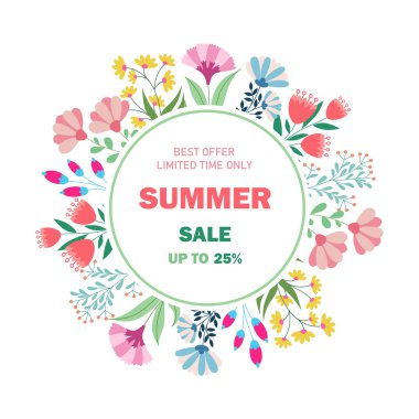 Tropikal yapraklar ve indirimli metinlerle moda parlak renklerde yaratıcı yaz indirimi afişi. Sezon tanıtımı illüstrasyonu.