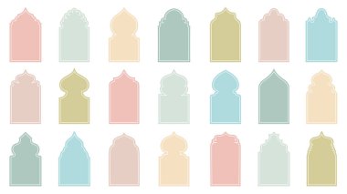 İslami Şekil İllüstrasyon seti. düz İslami kapı ve Arap pencere şekli çizimi. Ramazan ayı için Müslüman doğulu şekiller tasarlıyor. İslami Tasarım, Etiket, İmza ve Etiket İçin İyi