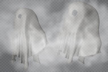 Şeffaf arka planda beyaz çarşaflı Cadılar Bayramı Partisi Hayaleti. Vektör illüstrasyonu