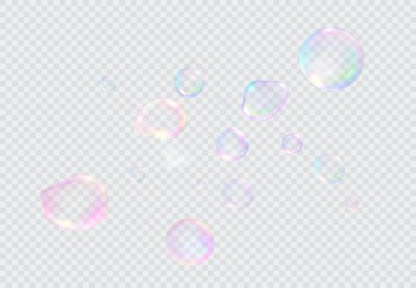 Bir dizi gerçekçi renkli sabun köpüğü. Şeffaf arka planda izole edilmiş şeffaf gerçekçi sabun köpükleri. Vektör dokusu. Benekli açık gri vektör örtüsü.