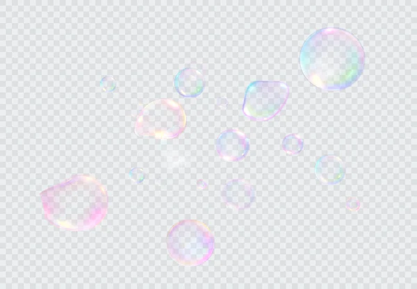 一套现实的彩色肥皂泡 透明背景下孤立的透明现实肥皂泡沫 矢量纹理 带有斑点的浅灰矢量覆盖 — 图库矢量图片