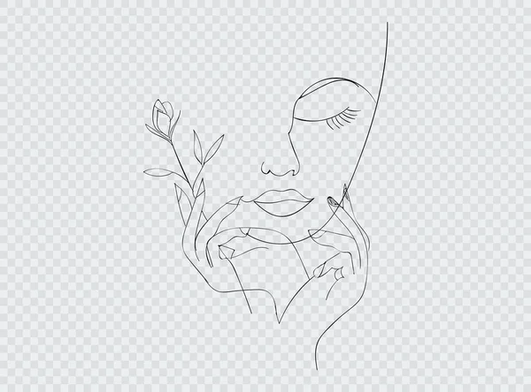 女人的脸与玫瑰花 连续线拉拔 向量例证 — 图库矢量图片