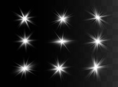 İzole parlama Beyaz şeffaf ışık efekti kümesi, lens flare, patlama, glitter, çizgi, Güneş flash, kıvılcım ve yıldız. Soyut özel efekt öğesi tasarım