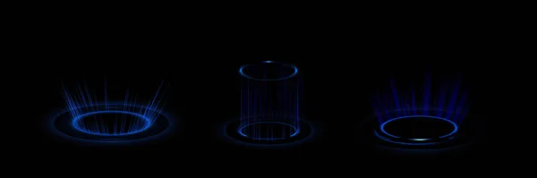 Portales Circulares Teletransportación Aparato Holograma Teletransporte Futurista Proyector Hud Podio — Vector de stock