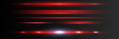 Kırmızı yatay mercek fişekleri paketi. Lazer ışınları, yatay ışık ışınları. Çok güzel ışık parlamaları. Koyu arkaplanda parlayan çizgiler