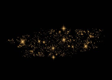 Toz beyazı. Beyaz kıvılcımlar ve altın yıldızlar özel ışıkla parlıyorlar. Şeffaf bir arkaplanda vektör parıldıyor. Noel soyut kalıbı