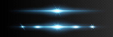 Mavi yatay mercek fişeği paketi. Lazer ışınları, yatay ışık ışınları. Çok güzel ışık parlamaları. Koyu arkaplanda parlayan çizgiler.