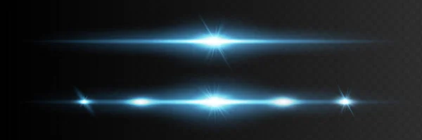 Blauwe Horizontale Lens Flares Pack Laserstralen Horizontale Lichtstralen Prachtige Lichtfakkels — Stockvector