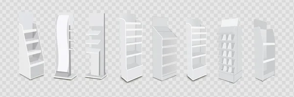 白い長い空のショーケースは 小売棚と表示されます ホワイトの背景に3D製品を分離 — ストックベクタ