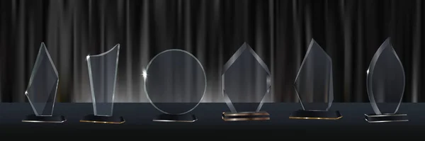 Glazen Trofee Set Transparante Prijssjabloon Met Gouden Palmtak Winnaar Eerste — Stockvector
