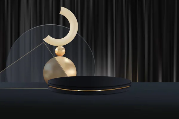 プレミアム製品プレゼンテーションのためのブラック 黄金のアーチと表彰台 表彰台と最小限のシーン — ストックベクタ