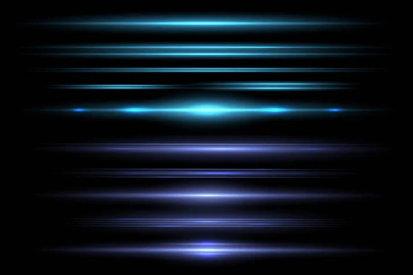 Blue Horizontal Lens Flares Pack Laser Beams Horizontal Light Rays — Stock Vector