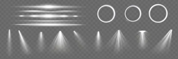 Licht Effect Ingesteld Glow Geïsoleerde Witte Transparante Lichteffect Set Lens — Stockvector