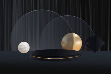 Premium ürün sunumu için siyah podyum. Altın kemerli podyum sahnesi. Podyumlu asgari sahne