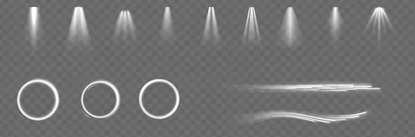 光の効果セット グロー隔離された白色透明光の効果セット レンズフレア ライン 太陽のフラッシュ 火花と星 スポットライト — ストックベクタ