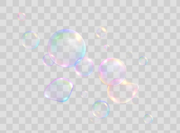Aantal Realistische Transparante Kleurrijke Zeepbellen Met Regenboog Weerspiegeling Geïsoleerd Geruite — Stockvector