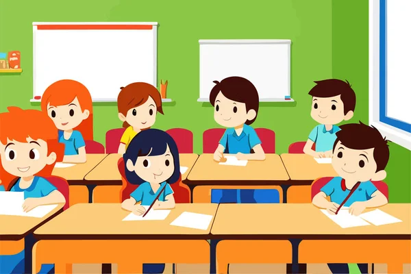 Pupils Study Classroom School Interior Education Illustration Pupils Raising Hands — Stock Vector