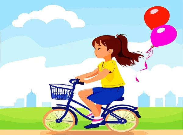 Vektör Kız Çocuk Bisiklet Sürüyor Elinde Renkli Balonlar Tutarak Yeşil — Stok Vektör