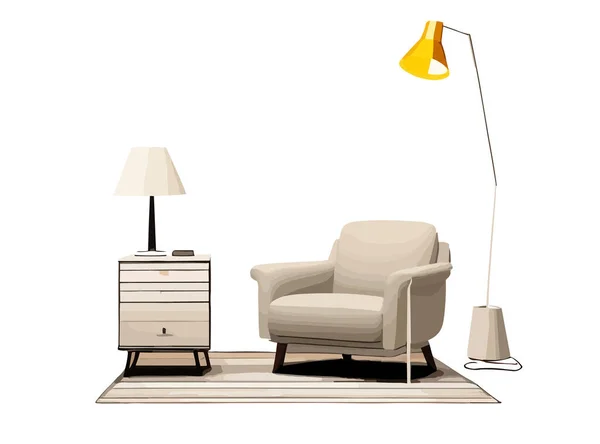 インテリアイラスト ソファ ベッドサイドテーブルとテーブルランプ ベクトル 家のための家具アイテム デザイン 広告パンフレットのために — ストックベクタ