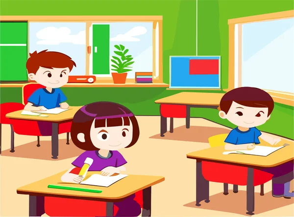 Pupils Study Classroom School Interior Education Illustration Pupils Raising Hands — Stock Vector