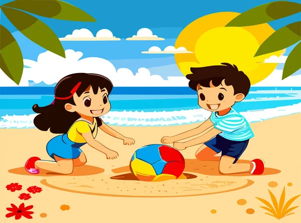 Vector Illustratie Van Kinderen Spelen Het Strand Zee — Stockvector