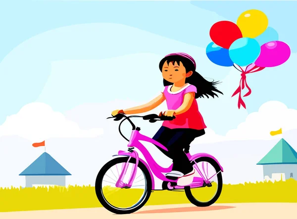 Vektör Kız Çocuk Bisiklet Sürüyor Elinde Renkli Balonlar Tutarak Yeşil — Stok Vektör