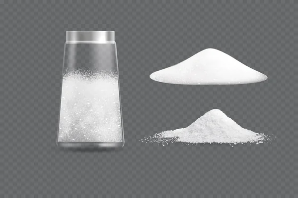 用盐瓶矢量说明盐现实地设置不同裂缝食盐成堆的孤立图标 — 图库矢量图片