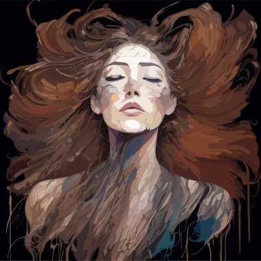 Soyut suluboya gökkuşağı saçlı güzel bir kızın yüzü. Anneler günün kutlu olsun. Mutlu kadınlar günü..