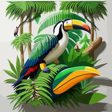 Arka planda tropik kuş tukan ve çok renkli papağan çiçekli amber çiçeği ve palmiye yaprağı. Yaz çiçeklerinin çıktısını al. Doğa hayvanları duvar kağıdı.