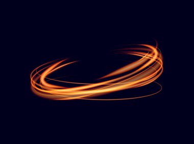 Sihirli ışık efekti. Dönen parlak elipsler. Siyah arkaplanda dinamik altın halkalar