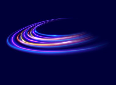 Hız çizgisi mavi ve kırmızı renkte. Sarmal dalga bir yola benziyor. Işık kıvrımlı mavi hız çizgisi kıvrılıyor ve parıldıyor. Dönen dinamik neon daire. Işıklı sihirli altın bir girdap.