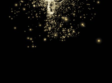 Toz kıvılcımları ve altın yıldızlar özel ışıkla parlıyor. Şeffaf bir arkaplanda vektör parıldıyor. Noel ışığı etkisi.